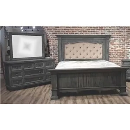 Solid Wood 3-PC KingMansion Upholstered Bed with Dresser and Mirror